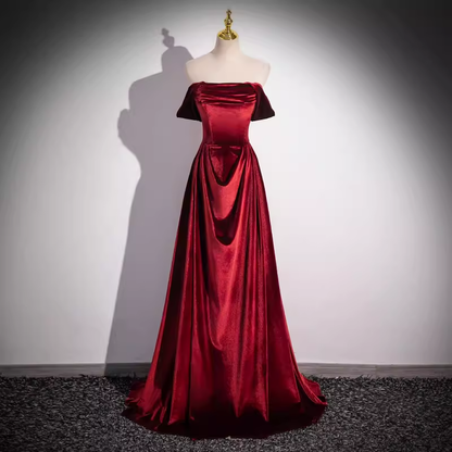 Simple A line Strapless Velvet Burgundy Long Prom Dress B181
