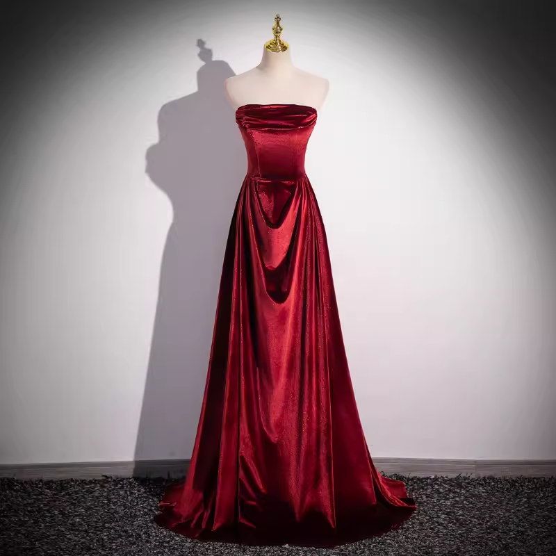 Robe de bal longue en velours bordeaux, ligne A simple, sans bretelles, B181