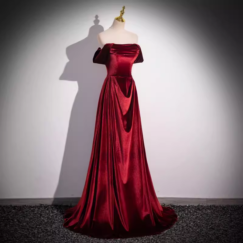 Simple A line Strapless Velvet Burgundy Long Prom Dress B181