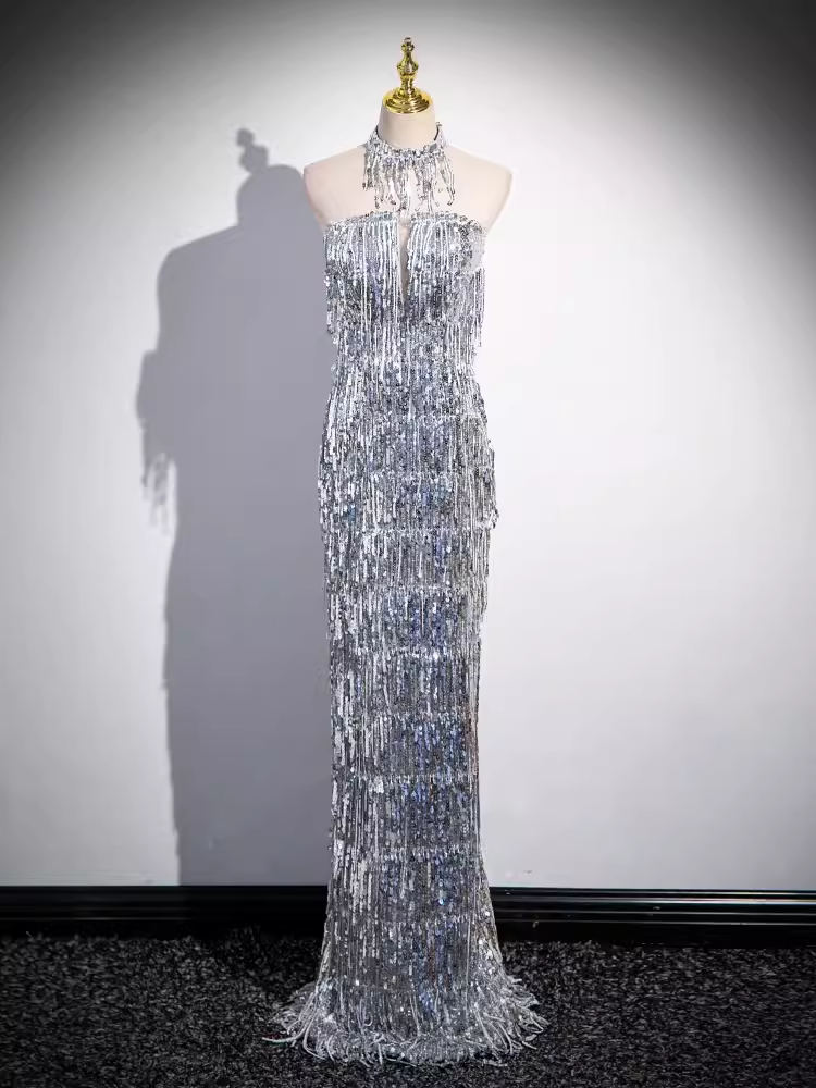 Robe de bal longue argentée, fourreau sexy, sans bretelles, à paillettes, B182
