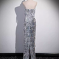 Robe de bal longue argentée, fourreau sexy, sans bretelles, à paillettes, B182