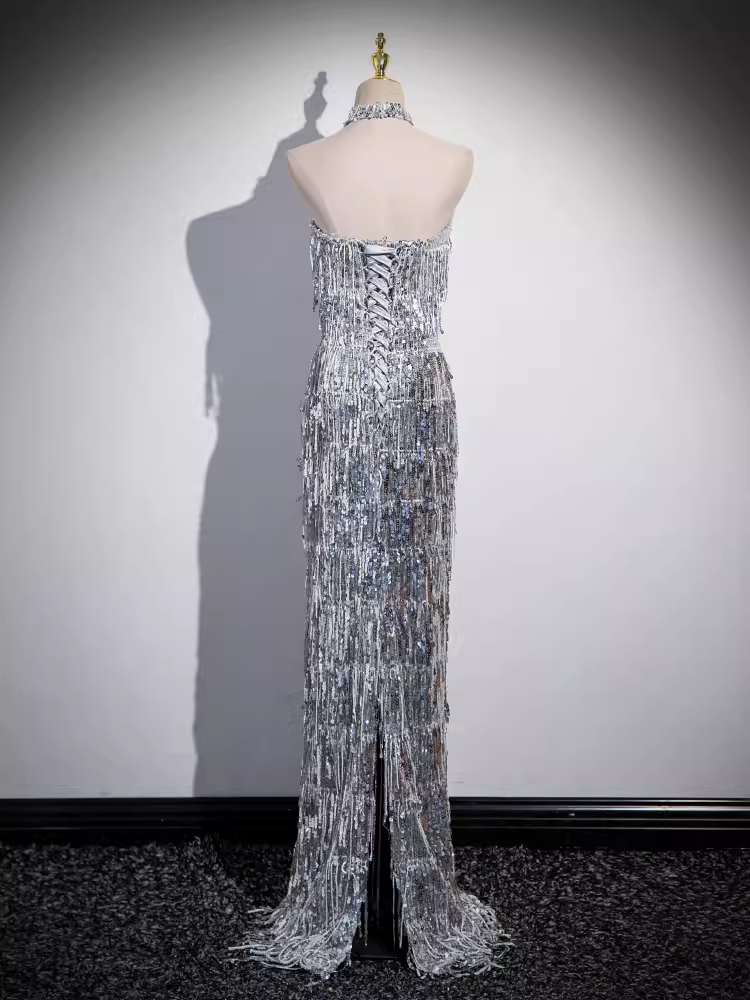 Robe de bal longue argentée, fourreau sexy, sans bretelles, à paillettes, B182