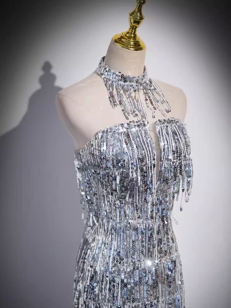 Robe de bal longue argentée, fourreau sexy, sans bretelles, à paillettes, B182