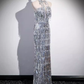Robe de bal longue argentée, fourreau sexy, sans bretelles, à paillettes, B182