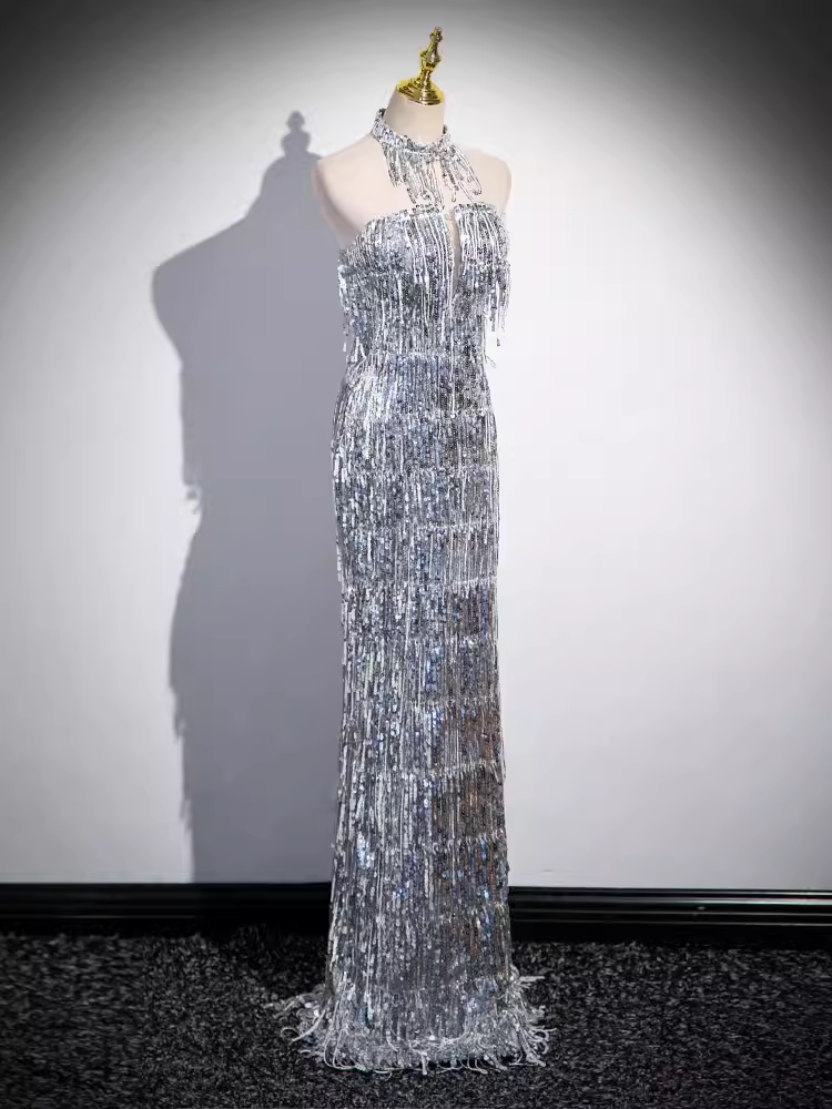 Robe de bal longue argentée, fourreau sexy, sans bretelles, à paillettes, B182