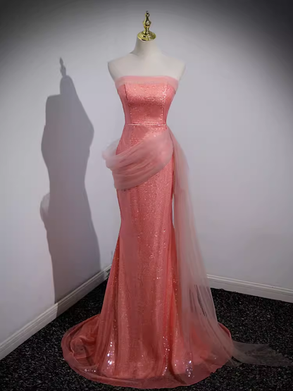 Robe de bal longue rose sans bretelles sirène scintillante B186