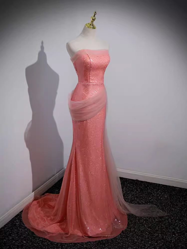 Sparkly Mermaid Strapless Pink Long Prom Dress B186