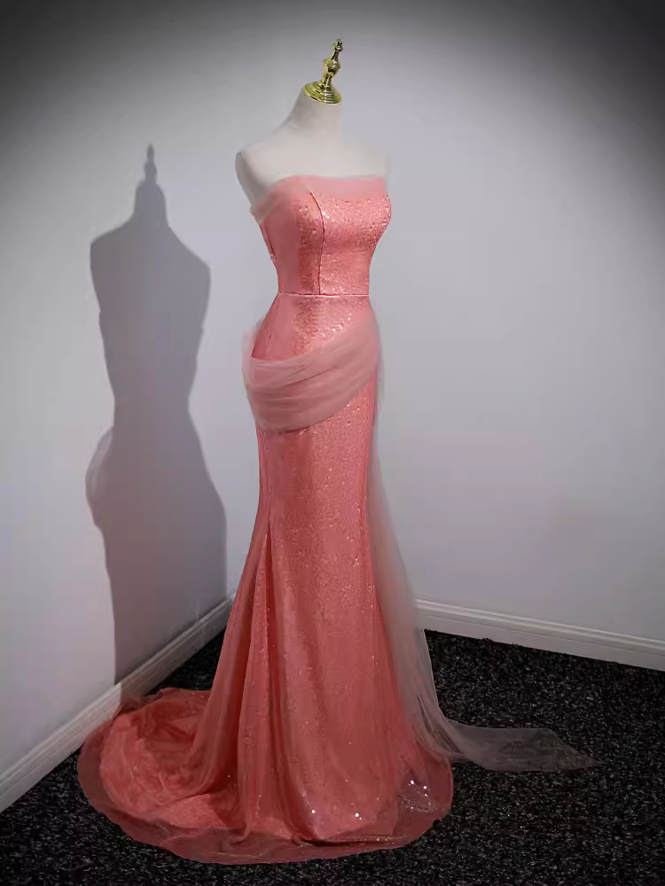 Robe de bal longue rose sans bretelles sirène scintillante B186