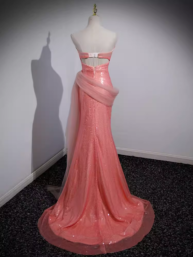Robe de bal longue rose sans bretelles sirène scintillante B186