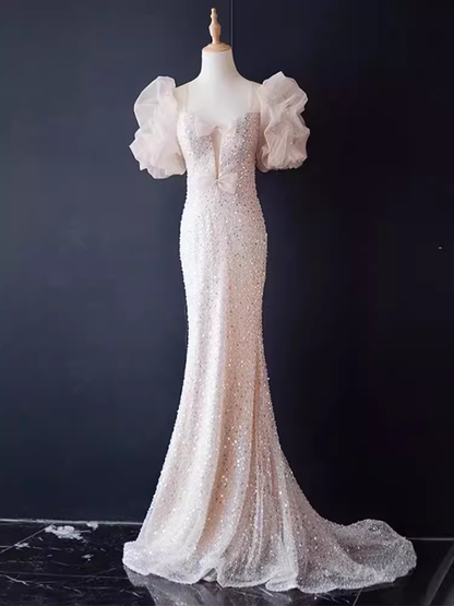 Robe de bal longue rose clair sirène scintillante B187