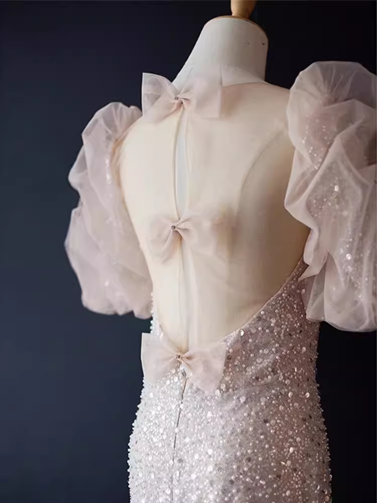 Robe de bal longue rose clair sirène scintillante B187