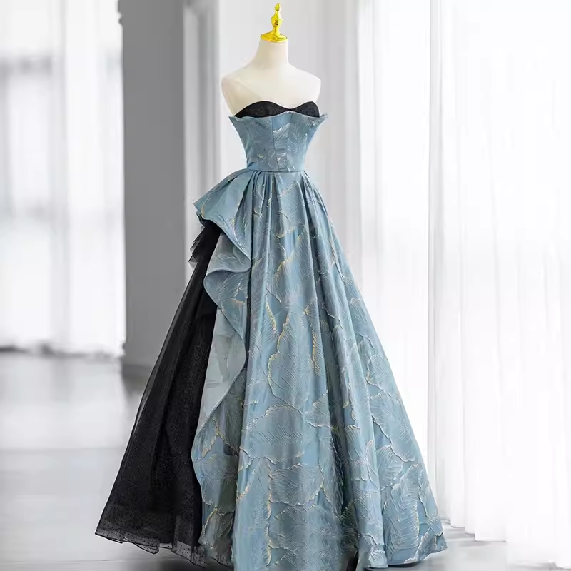 Robe de bal sans bretelles bleue longue robe de bal B188