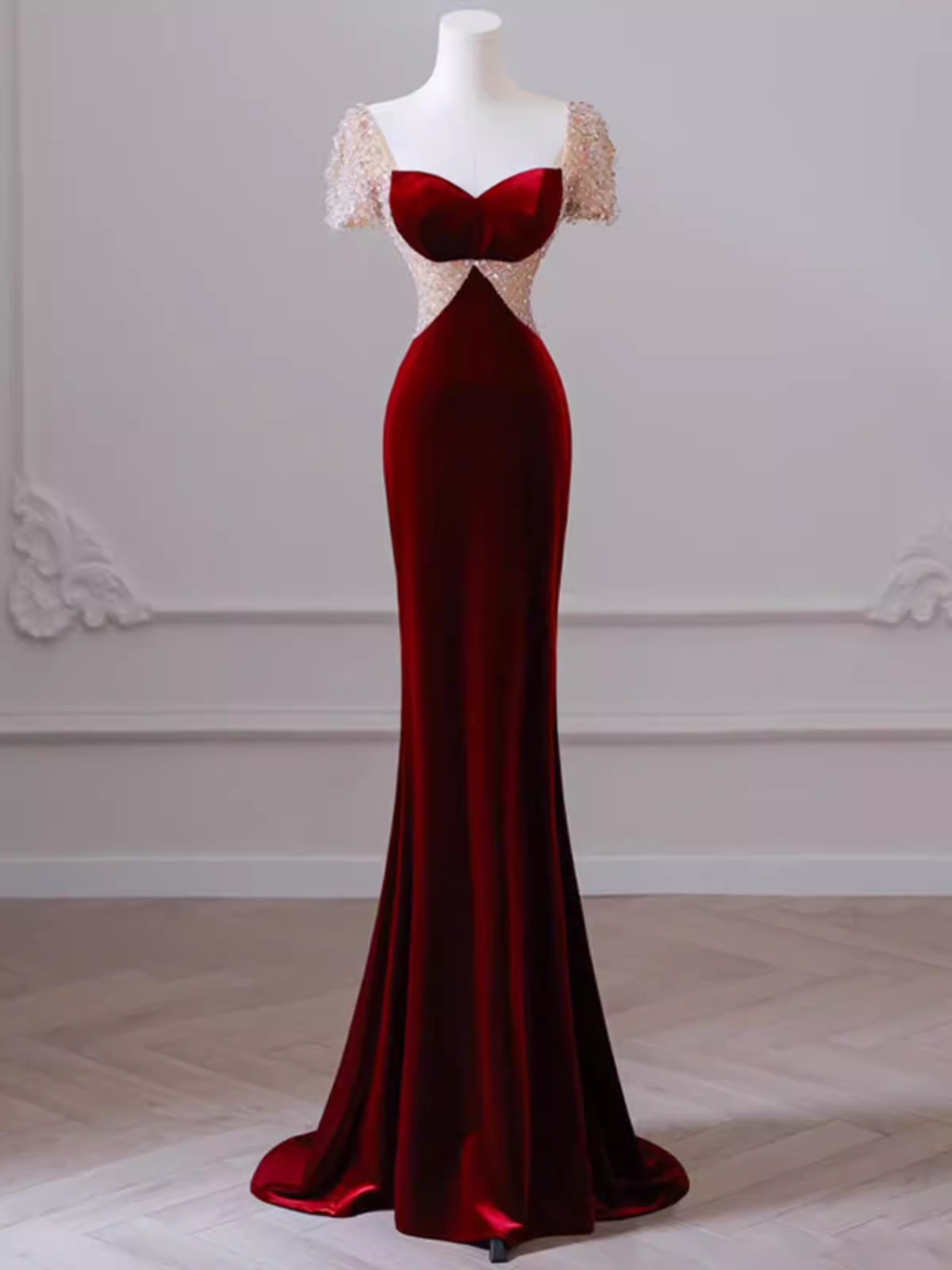 Mermaid Short Sleeves Burgundy Long Prom Dress B190