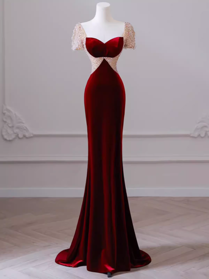 Mermaid Short Sleeves Burgundy Long Prom Dress B190