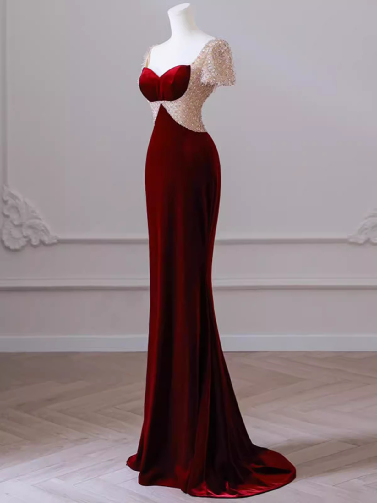Mermaid Short Sleeves Burgundy Long Prom Dress B190