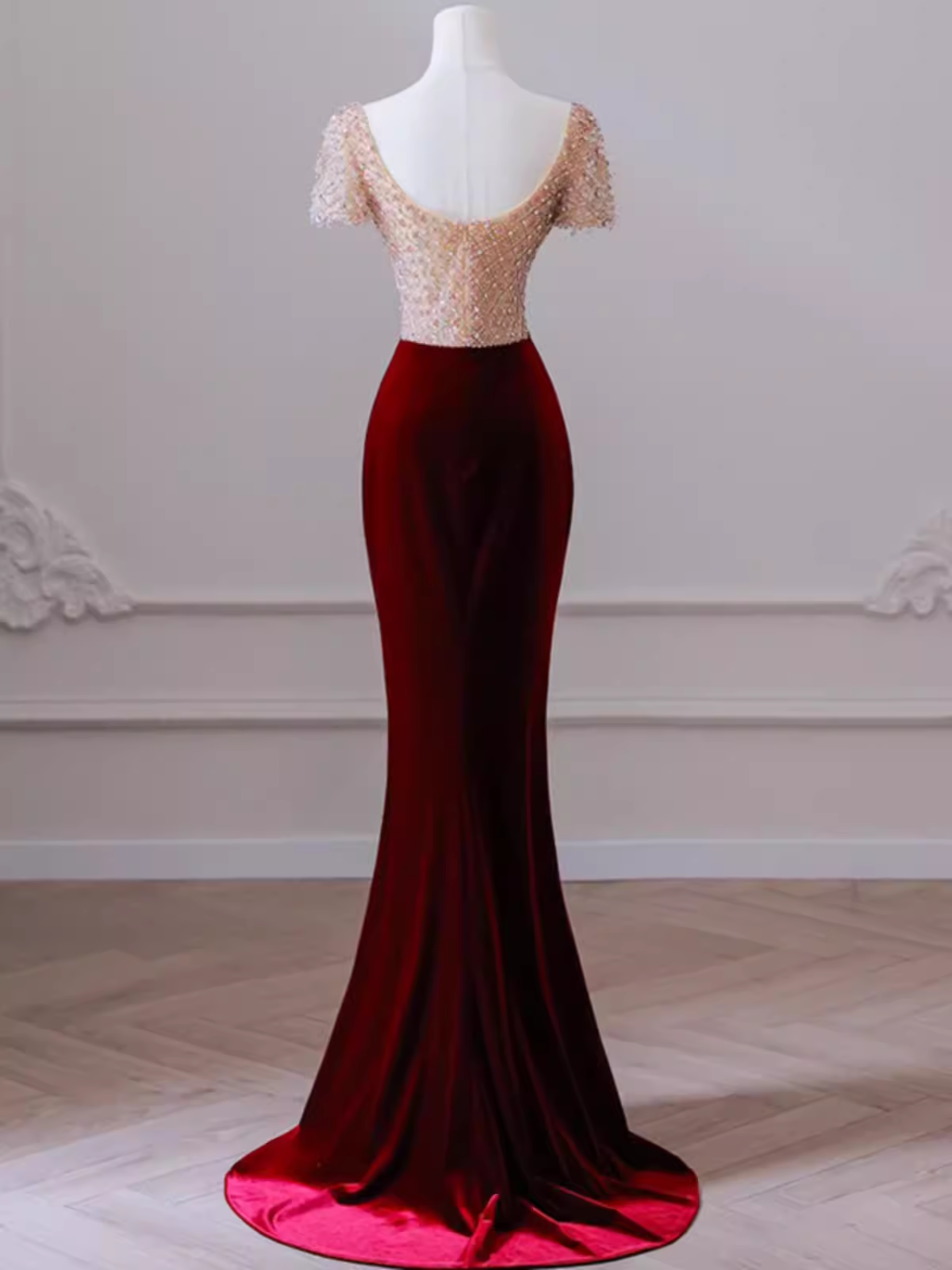 Mermaid Short Sleeves Burgundy Long Prom Dress B190