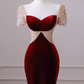 Mermaid Short Sleeves Burgundy Long Prom Dress B190