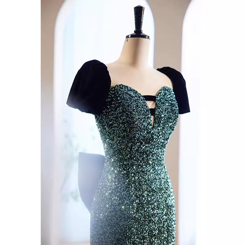 Mermaid Short Sleeves Green Sequin Long Prom Dress B191