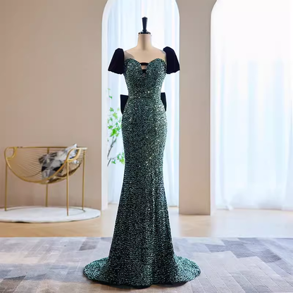 Mermaid Short Sleeves Green Sequin Long Prom Dress B191