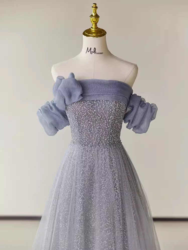 Robe de bal longue en Tulle, ligne A, sans bretelles, manches courtes, Simple, B194