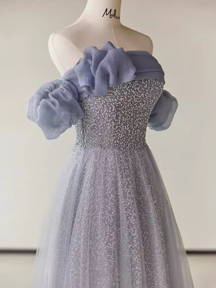 Robe de bal longue en Tulle, ligne A, sans bretelles, manches courtes, Simple, B194