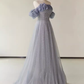 Simple A line Strapless Short Sleeves Tulle Long Prom Dress B194