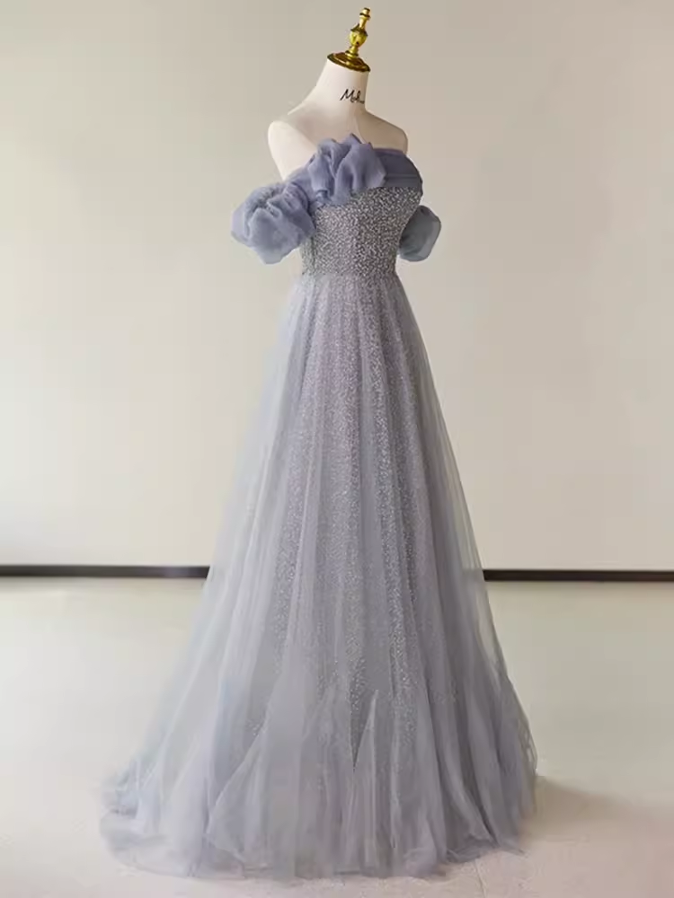 Robe de bal longue en Tulle, ligne A, sans bretelles, manches courtes, Simple, B194
