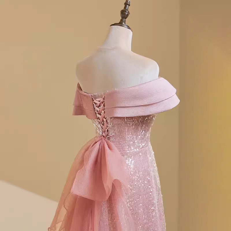 Robe de bal longue rose simple, ligne A, épaules dénudées, manches courtes, B195