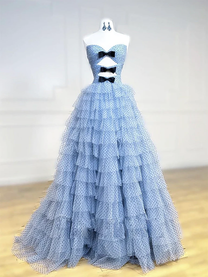 Unique Sweetheart Neck Tulle Blue Long Prom Dress B196