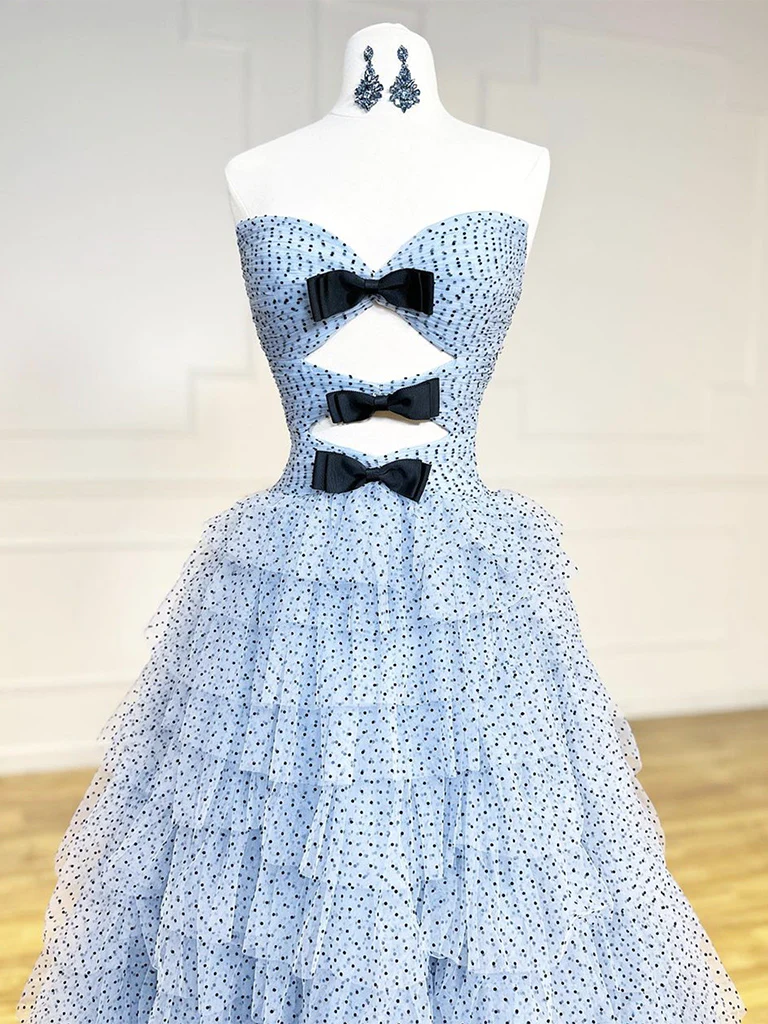 Unique Sweetheart Neck Tulle Blue Long Prom Dress B196
