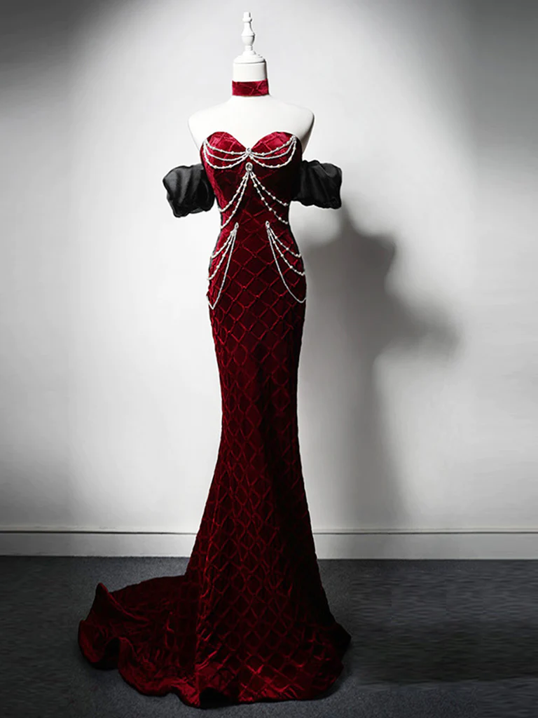 Unique Mermaid Velvet Burgundy Long Prom Dress B197