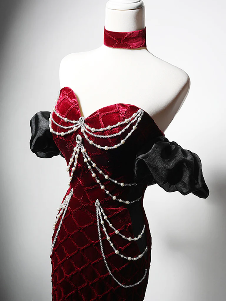 Unique Mermaid Velvet Burgundy Long Prom Dress B197
