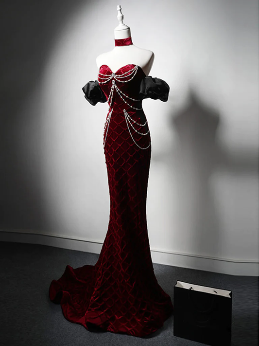 Robe de bal longue sirène en velours bordeaux unique B197