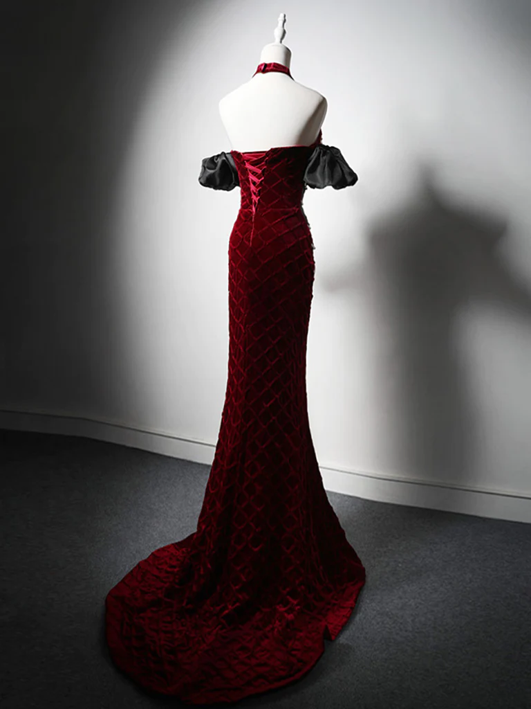 Unique Mermaid Velvet Burgundy Long Prom Dress B197