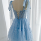 A-ligne chérie cou Tulle bleu robes de soirée courtes B198