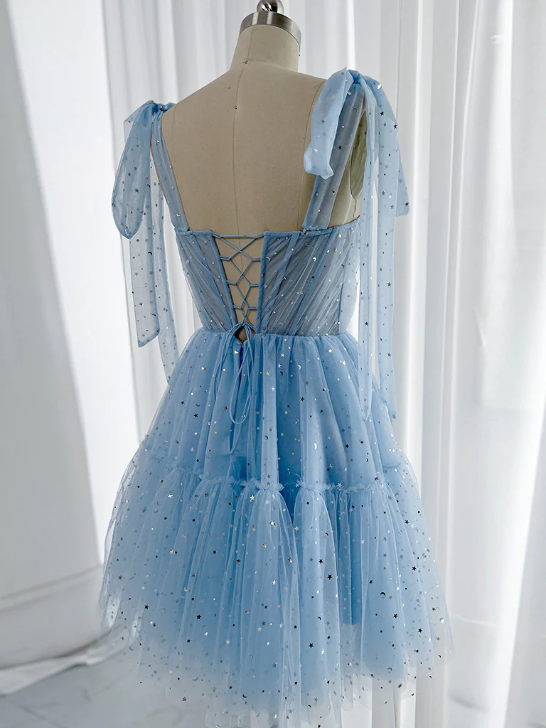 A-ligne chérie cou Tulle bleu robes de soirée courtes B198