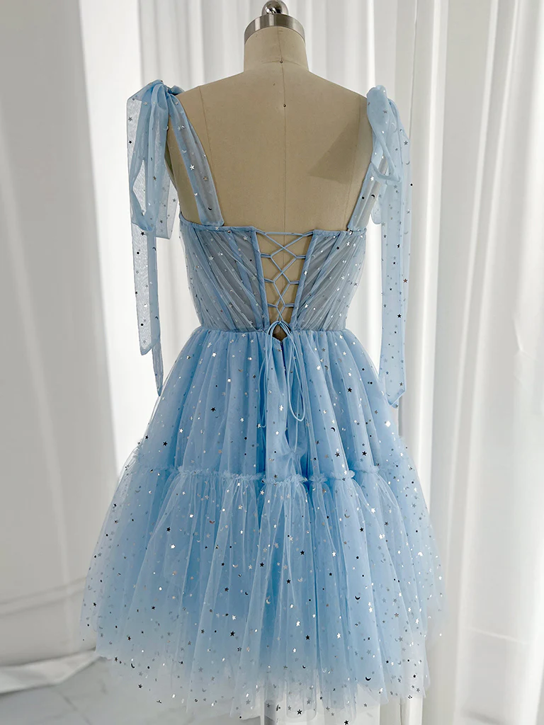 A-ligne chérie cou Tulle bleu robes de soirée courtes B198