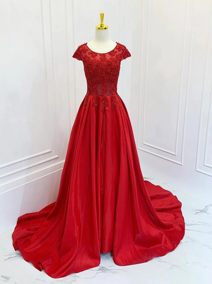 A-Line Scoop Neckline Satin Lace Burgundy Long Prom Dress B199