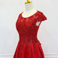 A-Line Scoop Neckline Satin Lace Burgundy Long Prom Dress B199