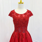 A-Line Scoop Neckline Satin Lace Burgundy Long Prom Dress B199