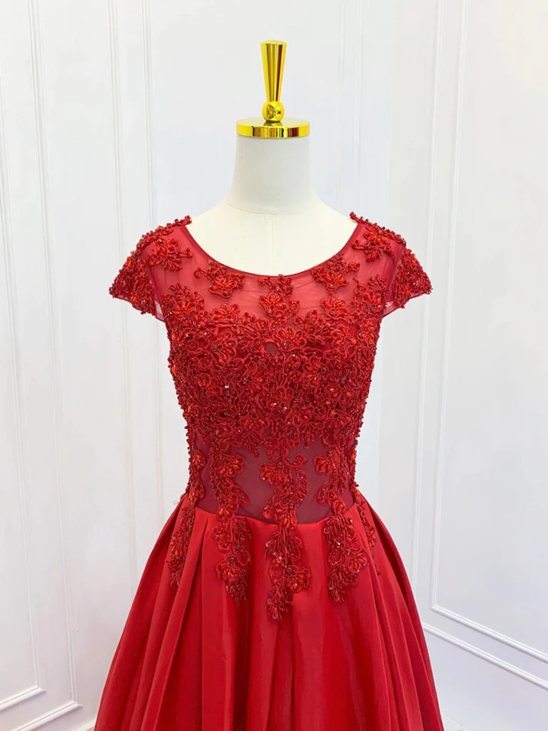 A-Line Scoop Neckline Satin Lace Burgundy Long Prom Dress B199