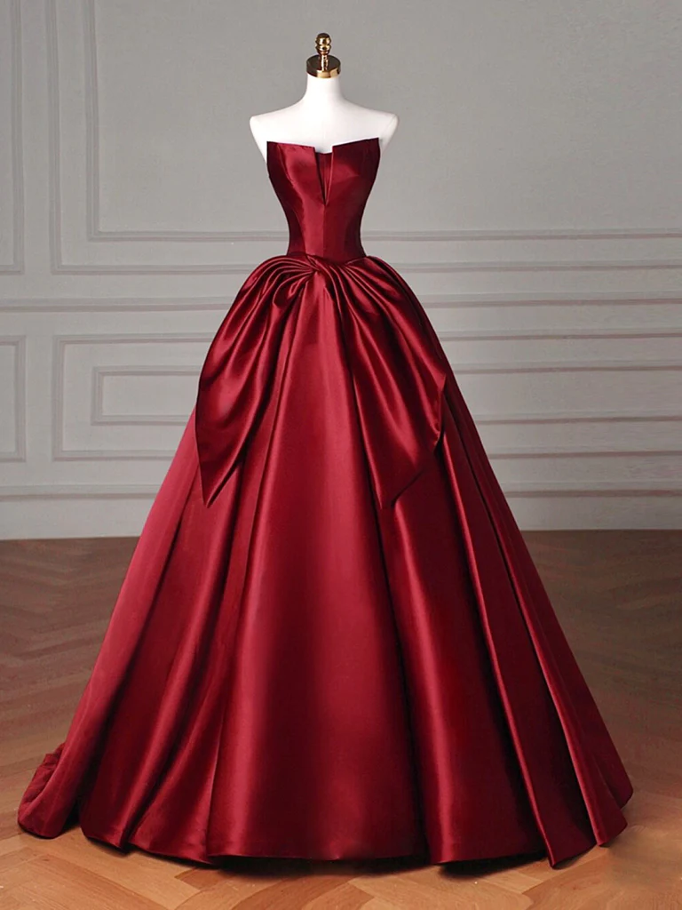 Simple A line Satin Burgundy Long Prom Dress B201