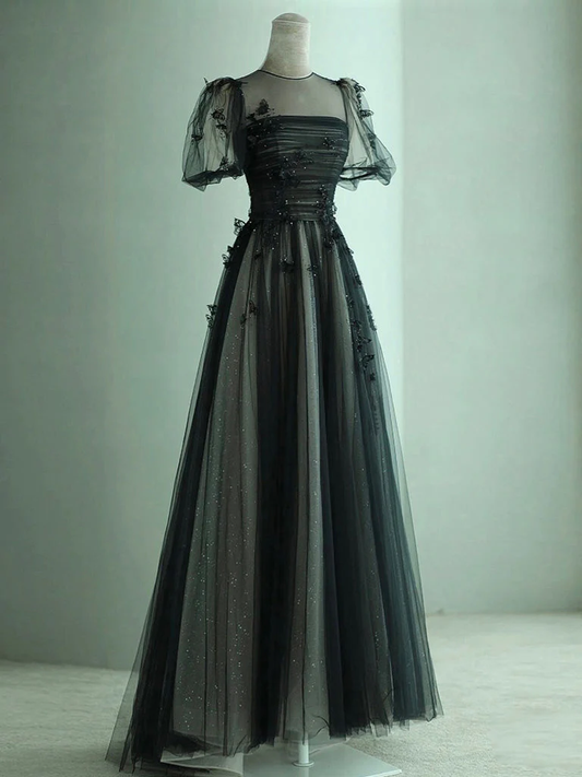 A-Line Tulle Butterfly Long Black Prom Dress B203