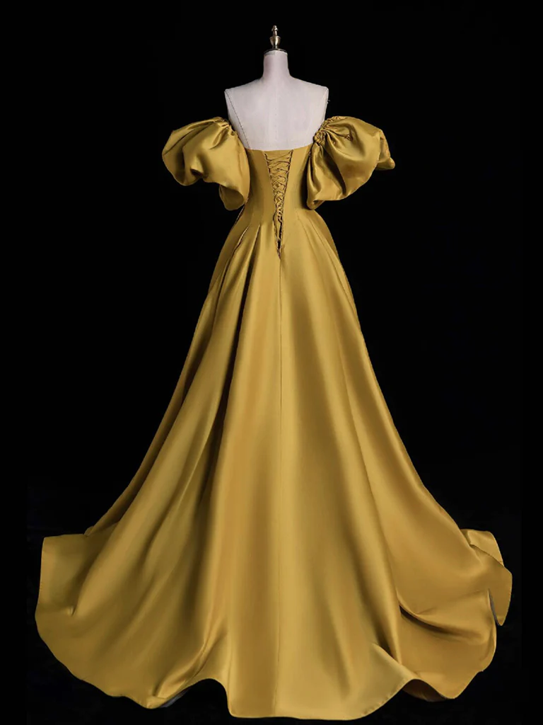Robe de bal longue en satin jaune simple ligne a B205