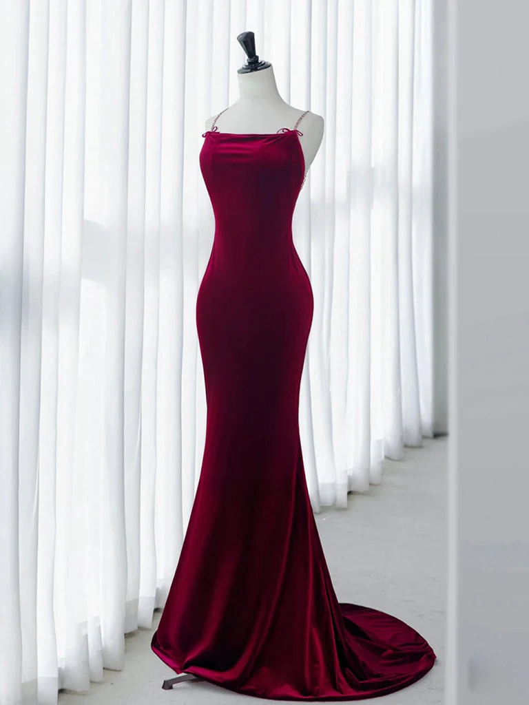 Simple Velvet Mermaid Burgundy Long Prom Dress B206