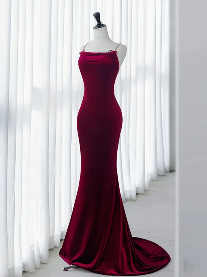 Simple Velvet Mermaid Burgundy Long Prom Dress B206