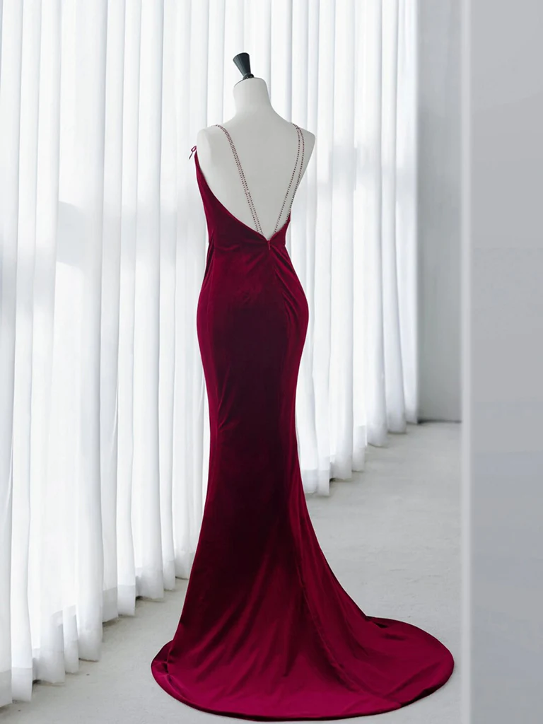 Simple Velvet Mermaid Burgundy Long Prom Dress B206