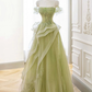 Robe de bal longue en dentelle et tulle, ligne a, épaules dénudées, verte, B209