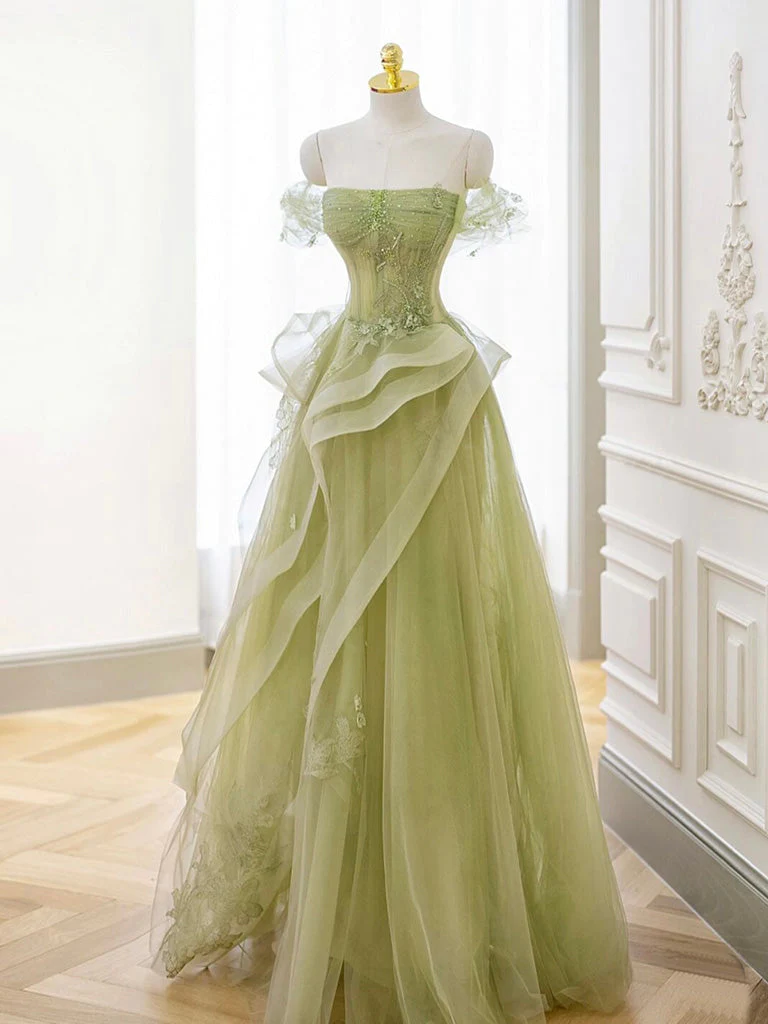 Robe de bal longue en dentelle et tulle, ligne a, épaules dénudées, verte, B209