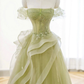 A-Line Off Shoulder Tulle Lace Green Long Prom Dress B209